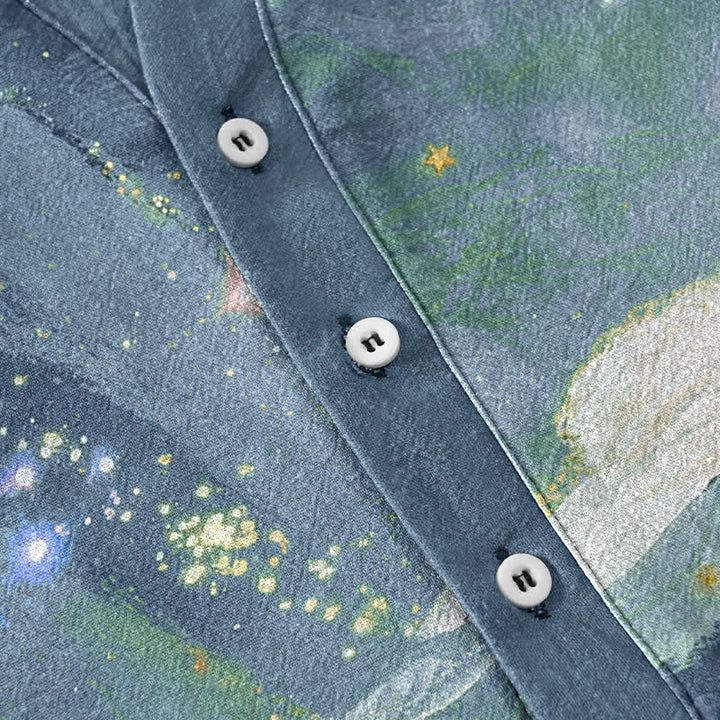 Buddha Stones Cotton Ink Wash Landscape Pattern Men's Short Sleeve Half Button Shirt - image 3
