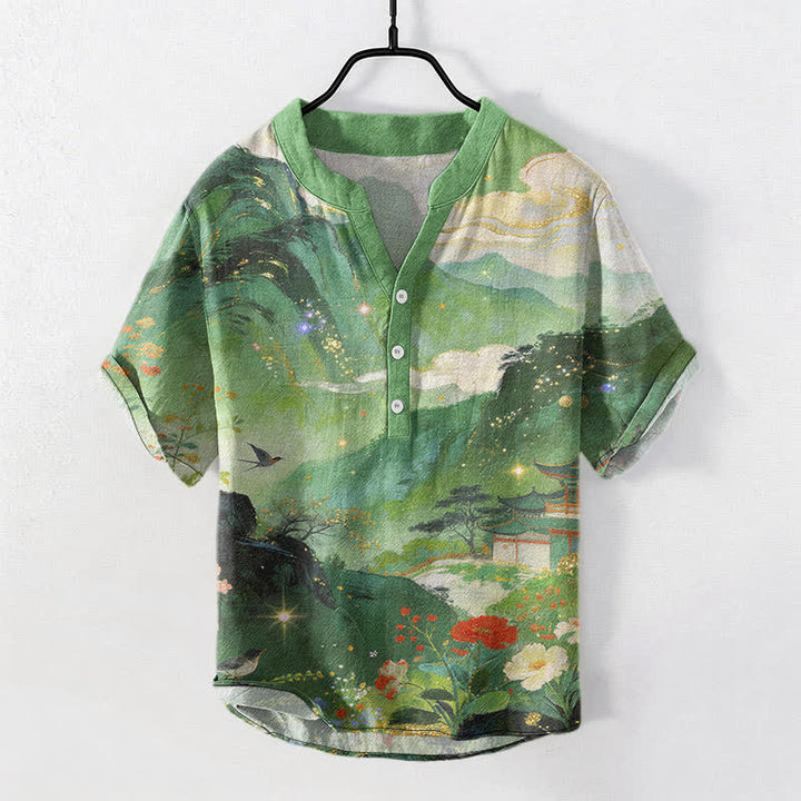 Buddha Stones Cotton Ink Wash Landscape Pattern Men's Short Sleeve Half Button Shirt - MediumSeaGreen - US/UK/AU50，EU60 (5XL) - image 5