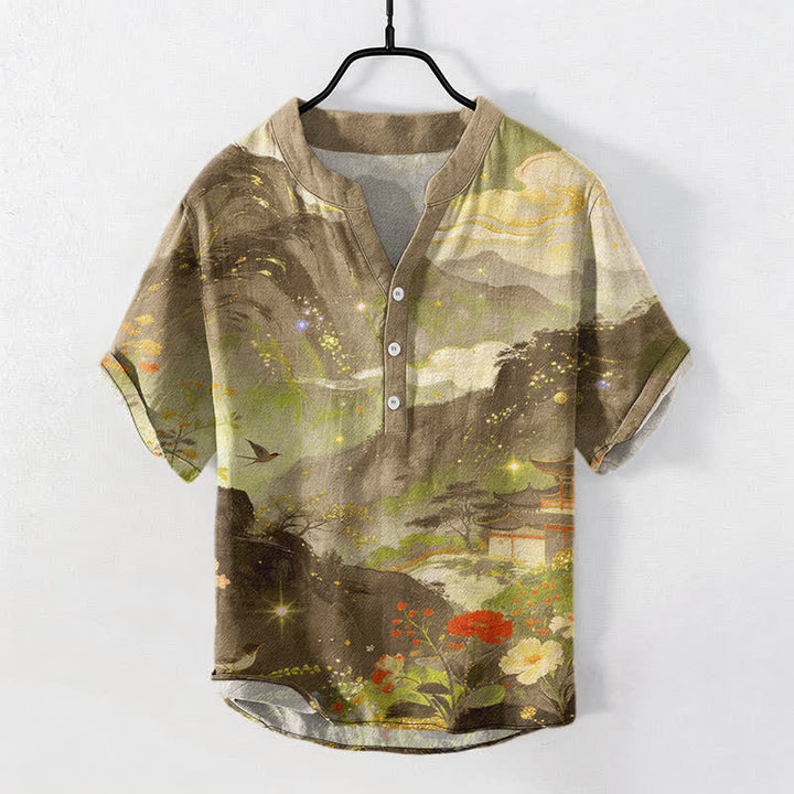 Buddha Stones Cotton Ink Wash Landscape Pattern Men's Short Sleeve Half Button Shirt - Goldenrod - US/UK/AU50，EU60 (5XL) - image 7