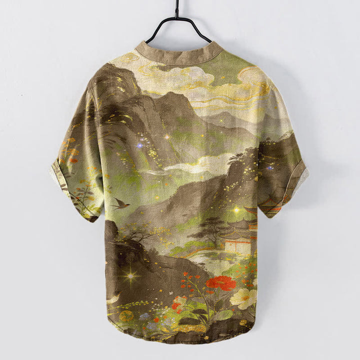 Buddha Stones Cotton Ink Wash Landscape Pattern Men's Short Sleeve Half Button Shirt - image 8