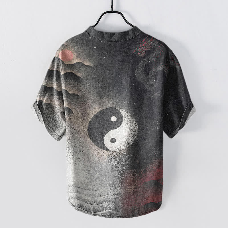 Buddha Stones Cotton Yin Yang Cloud Pattern Men's Short Sleeve Half Button Shirt - image 1