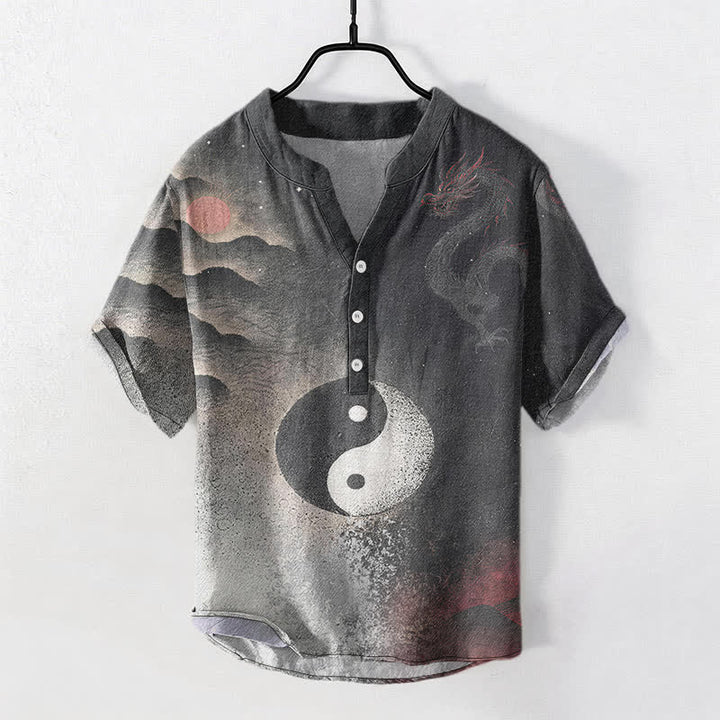 Buddha Stones Cotton Yin Yang Cloud Pattern Men's Short Sleeve Half Button Shirt - Black - US/UK/AU50，EU60 (5XL) - image 0