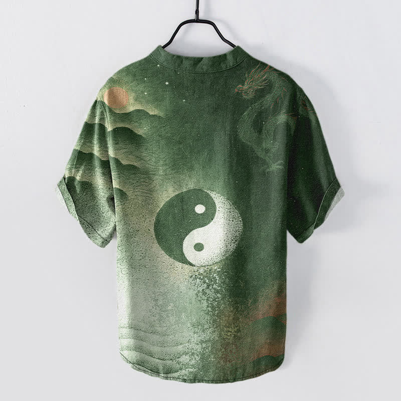 Buddha Stones Cotton Yin Yang Cloud Pattern Men's Short Sleeve Half Button Shirt - image 8