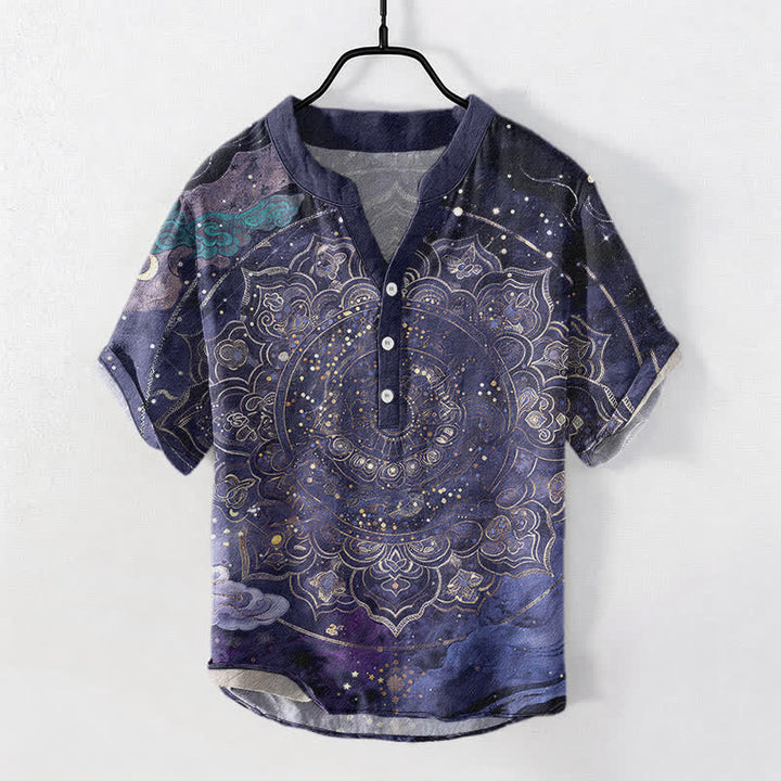 Buddha Stones Cotton Golden Mandala Galaxy Pattern Men's Short Sleeve Half Button Shirt - DarkBlue - US/UK/AU50，EU60 (5XL) - image 0