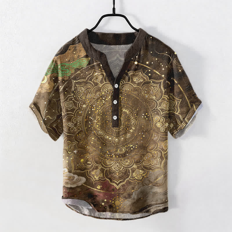 Buddha Stones Cotton Golden Mandala Galaxy Pattern Men's Short Sleeve Half Button Shirt - DarkGoldenrod - US/UK/AU50，EU60 (5XL) - image 7