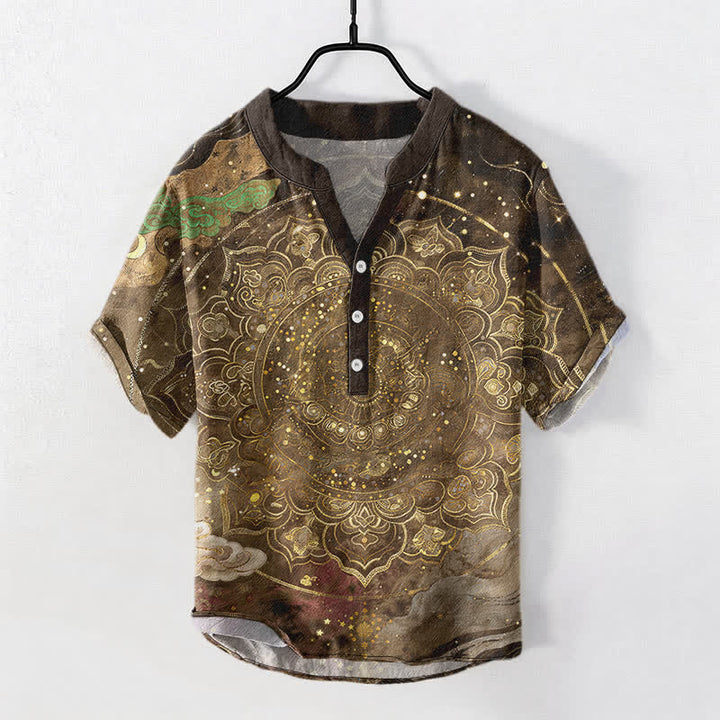 Buddha Stones Cotton Golden Mandala Galaxy Pattern Men's Short Sleeve Half Button Shirt - DarkGoldenrod - US/UK/AU50，EU60 (5XL) - image 7