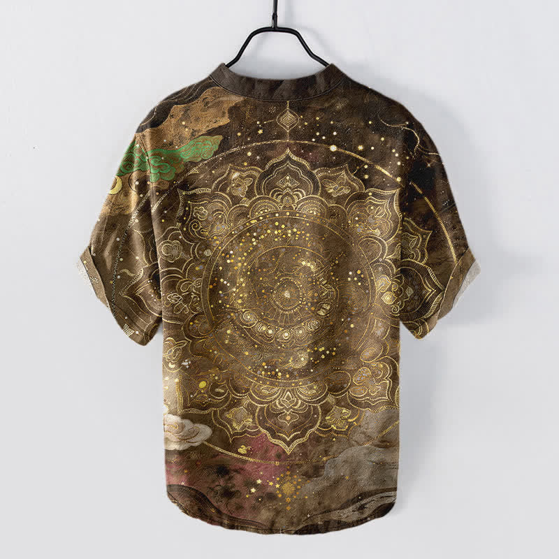 Buddha Stones Cotton Golden Mandala Galaxy Pattern Men's Short Sleeve Half Button Shirt - image 8
