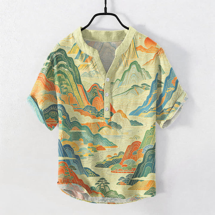 Buddha Stones Cotton Abstract Mountain Landscape Pattern Men's Short Sleeve Half Button Shirt - LemonChiffon - US/UK/AU50，EU60 (5XL) - image 3