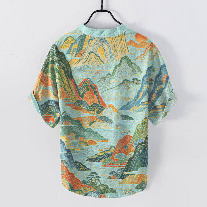 Buddha Stones Cotton Abstract Mountain Landscape Pattern Men's Short Sleeve Half Button Shirt - image 6