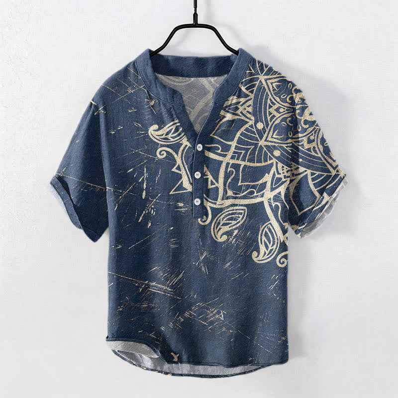 Buddha Stones Cotton Vintage Mandala Floral Pattern Men's Short Sleeve Half Button Shirt - Navy - US/UK/AU50，EU60 (5XL) - image 0