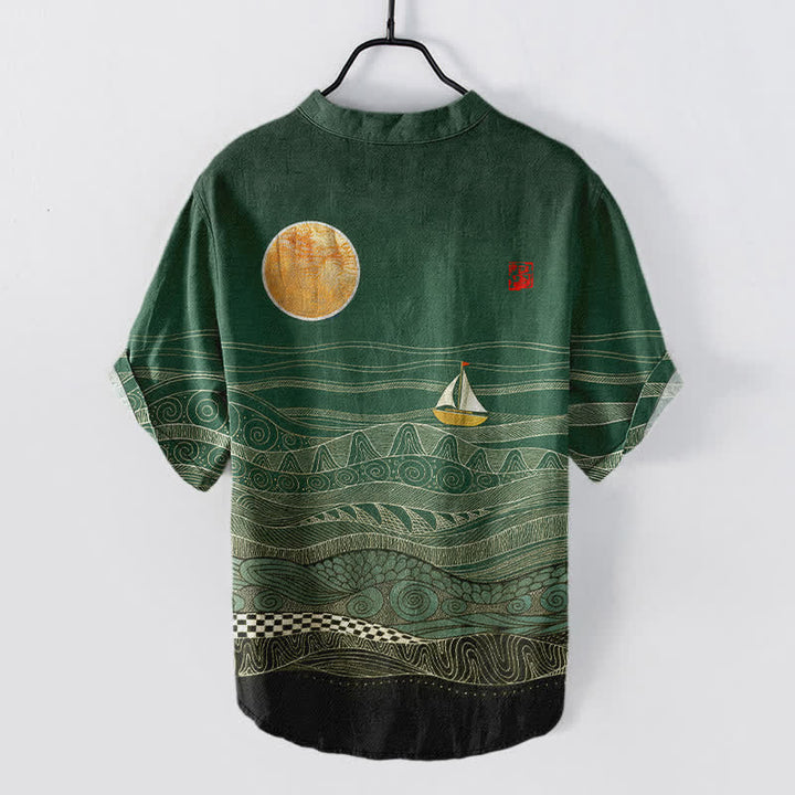 Buddha Stones Cotton Ocean Wave Sailboat Pattern Men's Short Sleeve Half Button Shirt - image 6