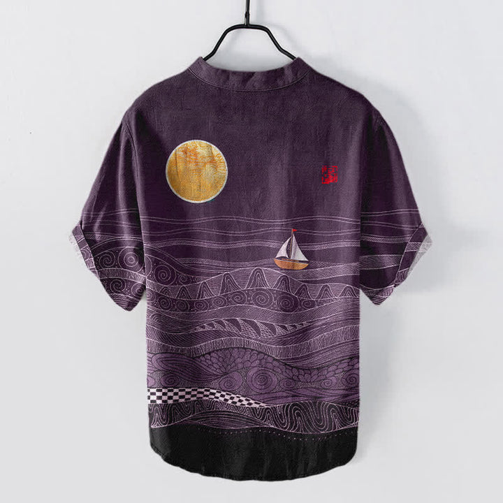 Buddha Stones Cotton Ocean Wave Sailboat Pattern Men's Short Sleeve Half Button Shirt - image 8