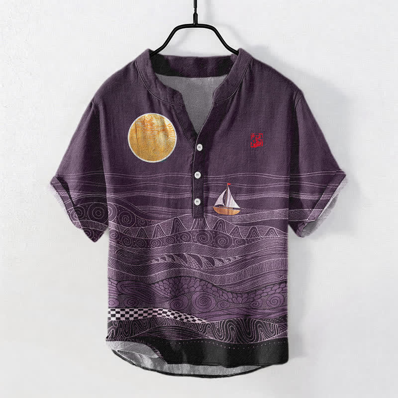 Buddha Stones Cotton Ocean Wave Sailboat Pattern Men's Short Sleeve Half Button Shirt - Purple - US/UK/AU50，EU60 (5XL) - image 7