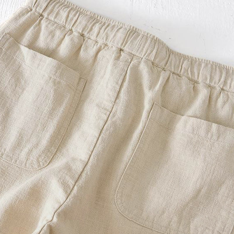 Buddha Stones Summer Solid Color Drawstring Elastic Waist Men's Ramie Linen Cotton Shorts With Pockets - image 2