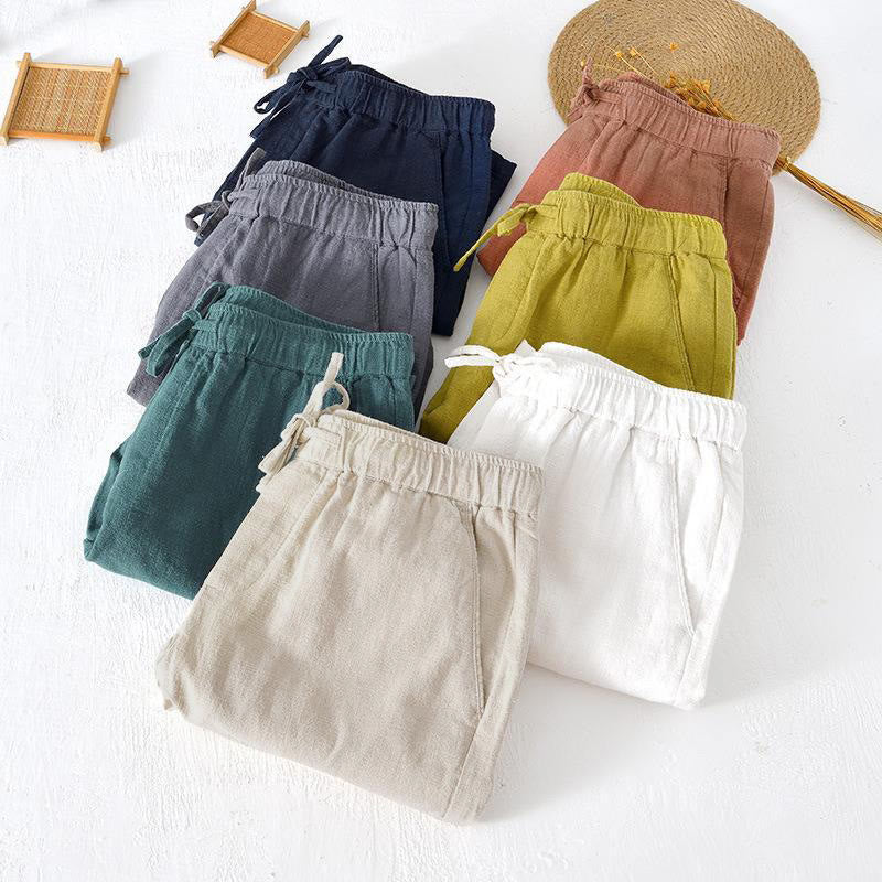 Buddha Stones Summer Solid Color Drawstring Elastic Waist Men's Ramie Linen Cotton Shorts With Pockets - image 40