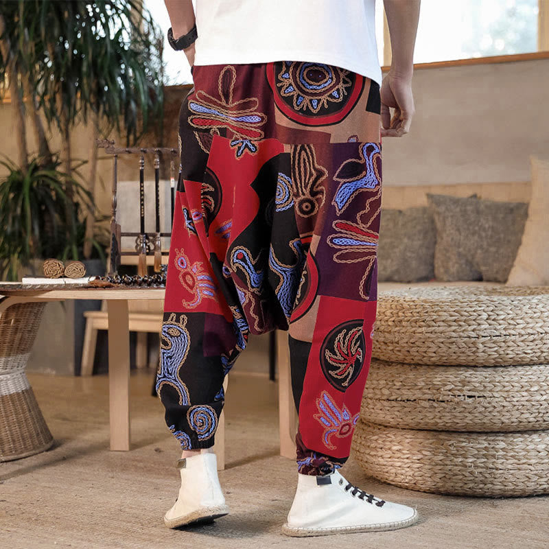 Buddha Stones Grid Flower Print Men's Harem Cropped Pants With Pockets - image 7