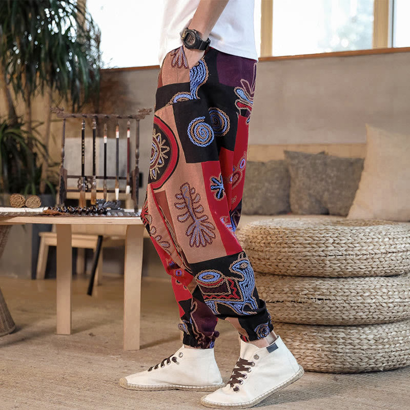 Buddha Stones Grid Flower Print Men's Harem Cropped Pants With Pockets - image 2