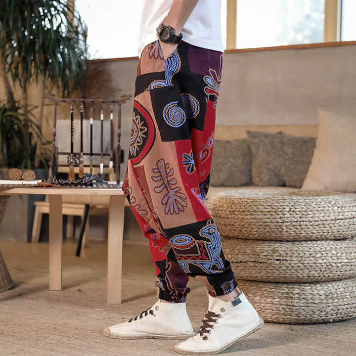 Buddha Stones Grid Flower Print Men's Harem Cropped Pants With Pockets - image 2