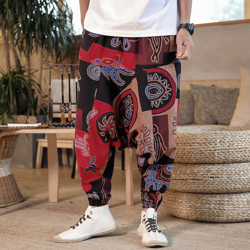 Buddha Stones Grid Flower Print Men's Harem Cropped Pants With Pockets - image 1