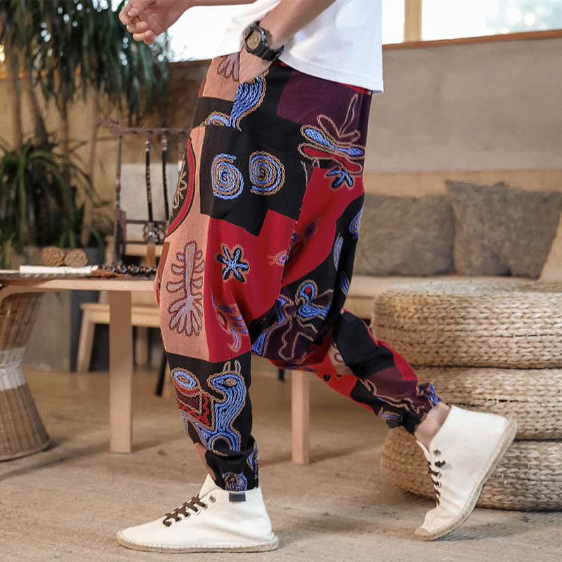 Buddha Stones Grid Flower Print Cotton Men's Harem Cropped Pants With Pockets - Red - US/UK/AU42，EU52 (3XL) - image 0