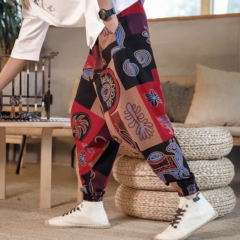Buddha Stones Grid Flower Print Cotton Men's Harem Cropped Pants With Pockets - image 3