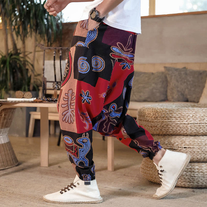 Buddha Stones Grid Flower Print Men's Harem Cropped Pants With Pockets - Red - US/UK/AU42，EU52 (3XL) - image 0