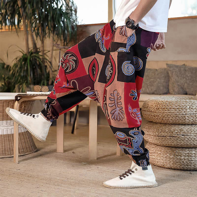 Buddha Stones Grid Flower Print Cotton Men's Harem Cropped Pants With Pockets - image 4