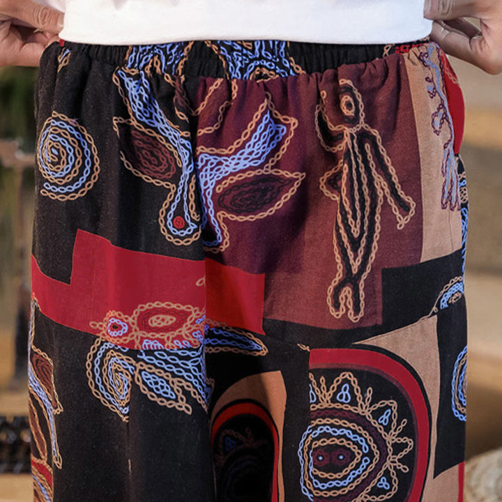 Buddha Stones Grid Flower Print Cotton Men's Harem Cropped Pants With Pockets - image 9