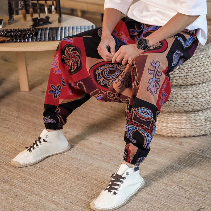Buddha Stones Grid Flower Print Cotton Men's Harem Cropped Pants With Pockets - image 8