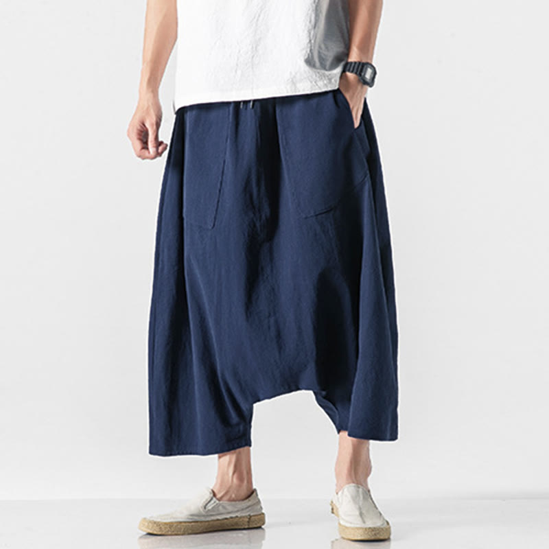 Buddha Stones Casual Low Crotch Design Drawstring Men's 7-8 Length Wide Leg Pants With Pockets - image 2