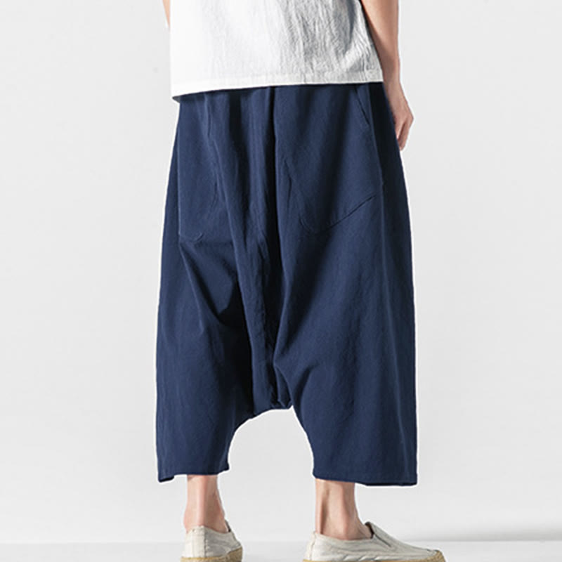 Buddha Stones Casual Low Crotch Design Drawstring Men's 7-8 Length Wide Leg Pants With Pockets - image 4