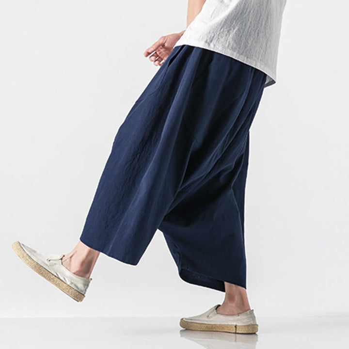 Buddha Stones Casual Low Crotch Design Drawstring Men's 7-8 Length Wide Leg Pants With Pockets - DarkSlateBlue - US/UK/AU46，EU56 (5XL) - image 0