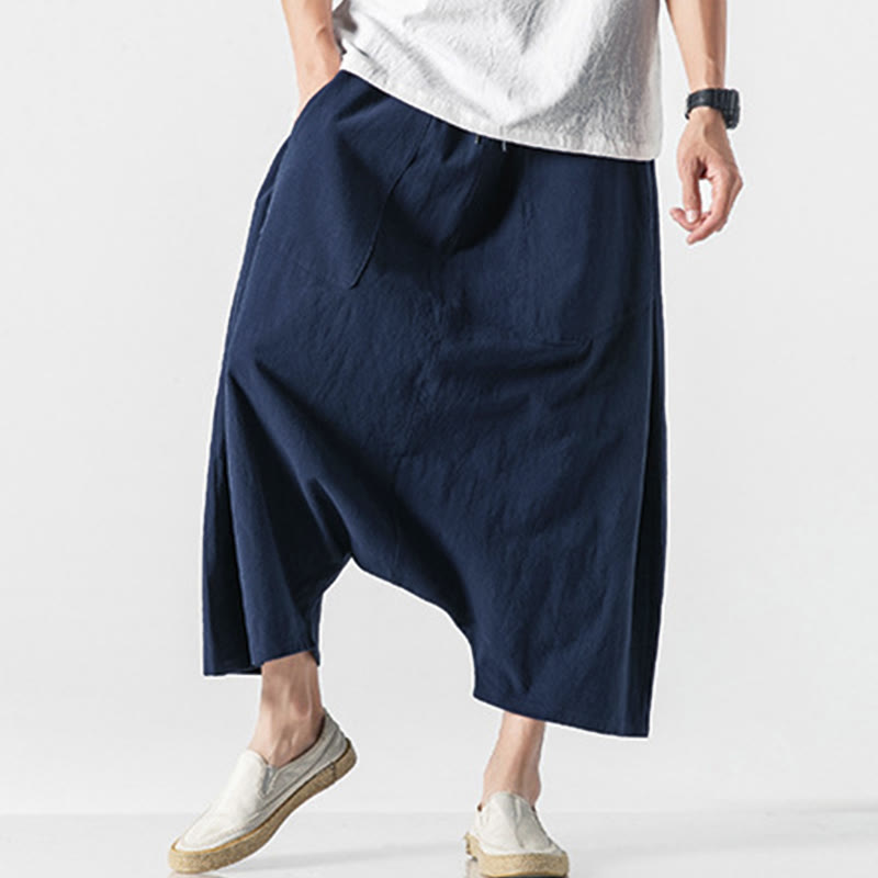 Buddha Stones Casual Low Crotch Design Drawstring Men's 7-8 Length Wide Leg Pants With Pockets - image 6