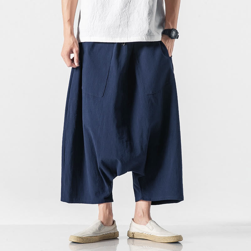 Buddha Stones Casual Low Crotch Design Drawstring Men's 7-8 Length Wide Leg Pants With Pockets - image 1