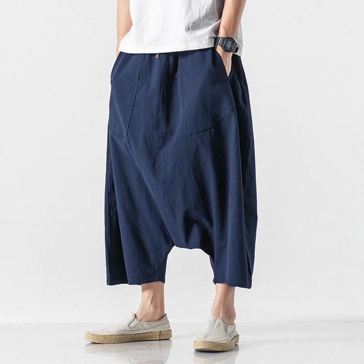 Buddha Stones Casual Low Crotch Design Drawstring Men's 7-8 Length Wide Leg Pants With Pockets - image 3