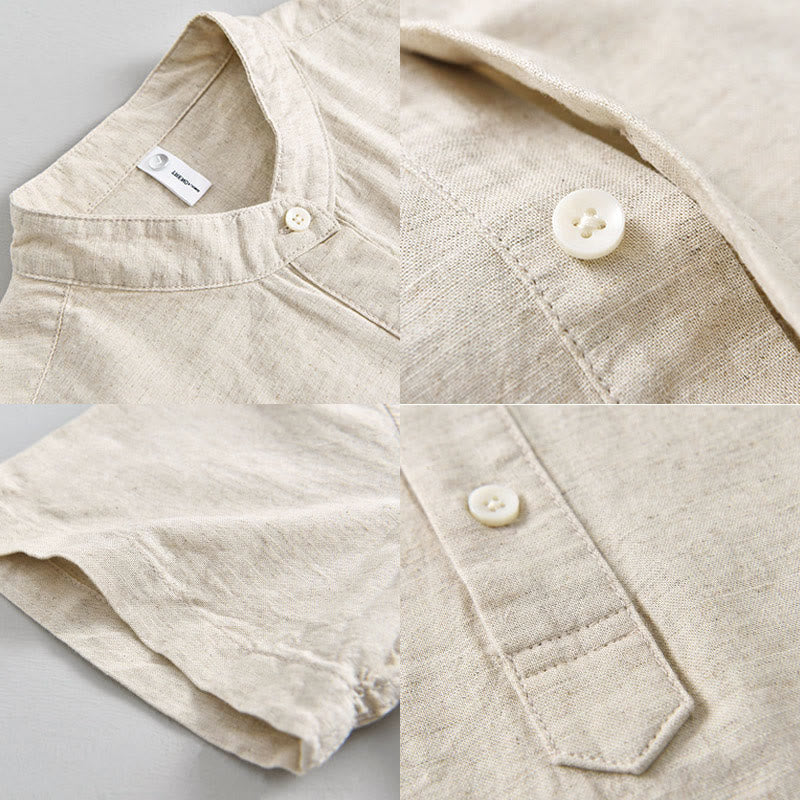 Buddha Stones Summer Solid Color Men's Half Button Short Sleeve Cotton Linen Shirt - image 3