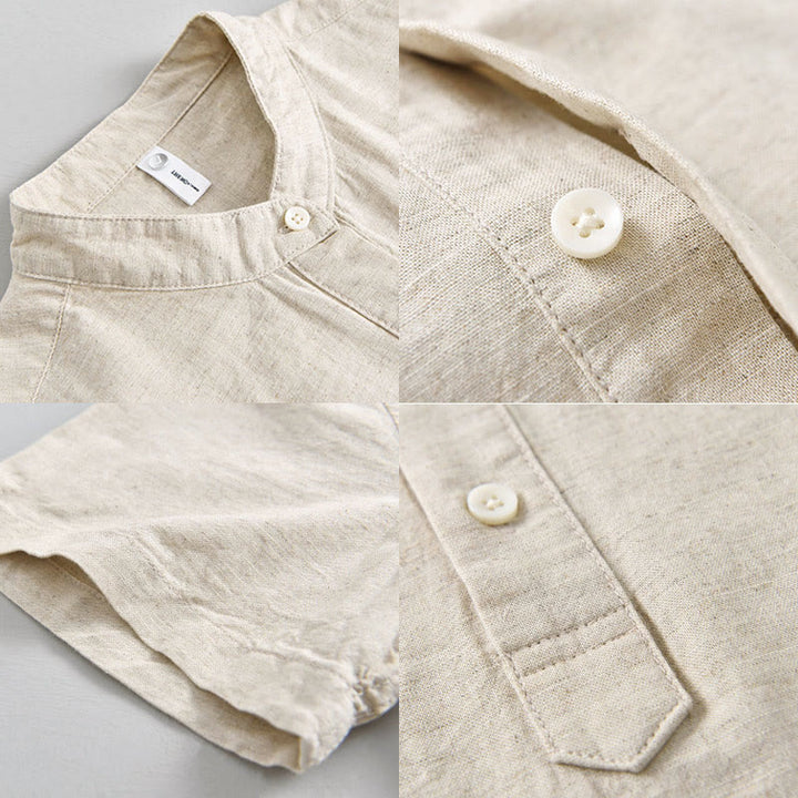 Buddha Stones Summer Solid Color Men's Half Button Short Sleeve Cotton Linen Shirt - image 3