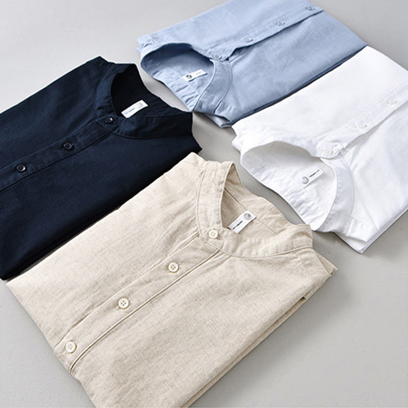Buddha Stones Summer Solid Color Men's Half Button Short Sleeve Cotton Linen Shirt - image 19