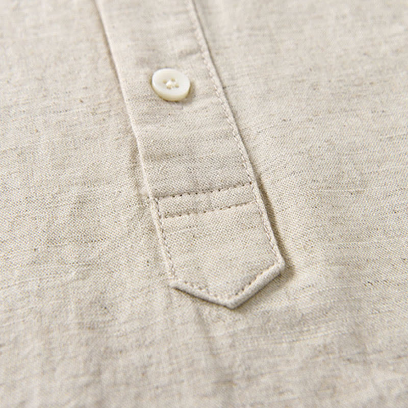 Buddha Stones Summer Solid Color Men's Half Button Short Sleeve Cotton Linen Shirt - image 5