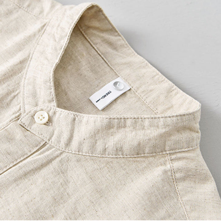 Buddha Stones Summer Solid Color Men's Half Button Short Sleeve Cotton Linen Shirt - image 4
