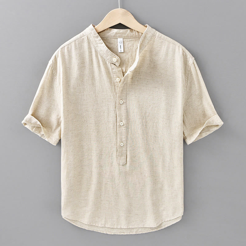 Buddha Stones Summer Solid Color Men's Half Button Short Sleeve Cotton Linen Shirt - Linen - US/UK/AU42，EU52 (3XL) - image 0