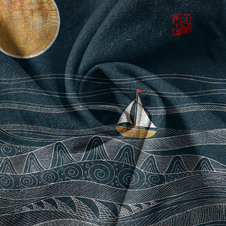 Buddha Stones Cotton Ocean Wave Sailboat Pattern Men's Short Sleeve Half Button Shirt - image 4