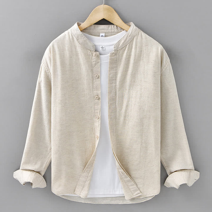 Buddha Stones Spring Casual Mandarin Collar Button-Up Solid Cotton Linen Men's Long Sleeve Shirts - Linen - US/UK/AU42，EU52 (3XL) - image 0
