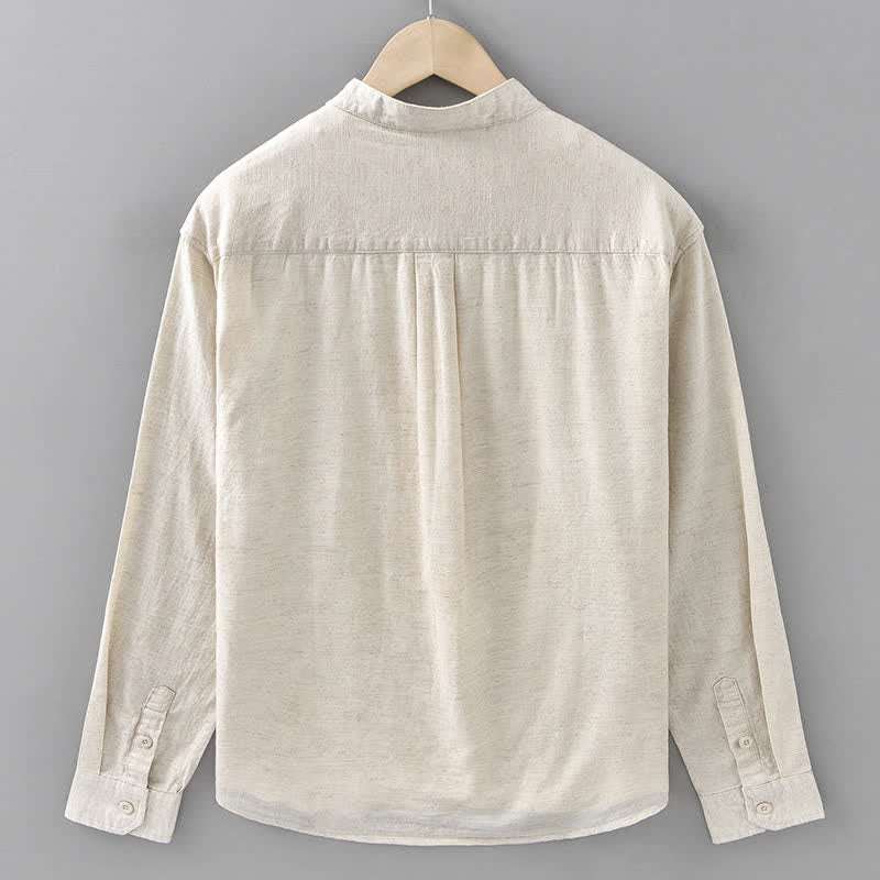 Buddha Stones Spring Casual Mandarin Collar Button-Up Solid Cotton Linen Men's Long Sleeve Shirts - image 1