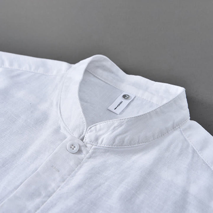 Buddha Stones Spring Casual Mandarin Collar Button-Up Solid Cotton Linen Men's Long Sleeve Shirts - image 18