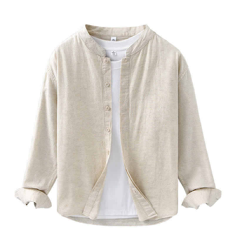 Buddha Stones Spring Casual Mandarin Collar Button-Up Solid Cotton Linen Men's Long Sleeve Shirts - image 2