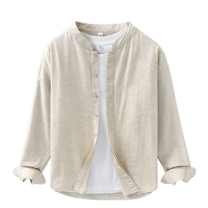 Buddha Stones Spring Casual Mandarin Collar Button-Up Solid Cotton Linen Men's Long Sleeve Shirts - image 2