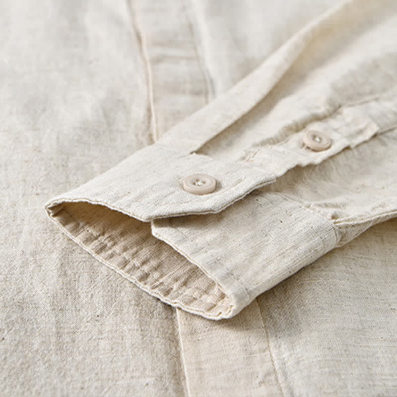 Buddha Stones Spring Casual Mandarin Collar Button-Up Solid Cotton Linen Men's Long Sleeve Shirts - image 6