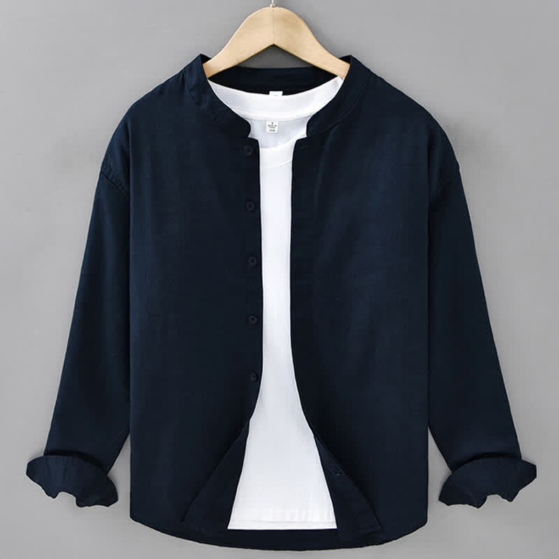 Buddha Stones Spring Casual Mandarin Collar Button-Up Solid Cotton Linen Men's Long Sleeve Shirts - Navy - US/UK/AU42，EU52 (3XL) - image 9