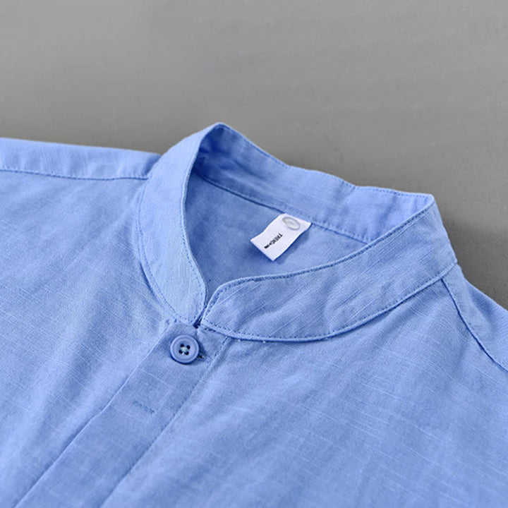 Buddha Stones Spring Casual Mandarin Collar Button-Up Solid Cotton Linen Men's Long Sleeve Shirts - image 14